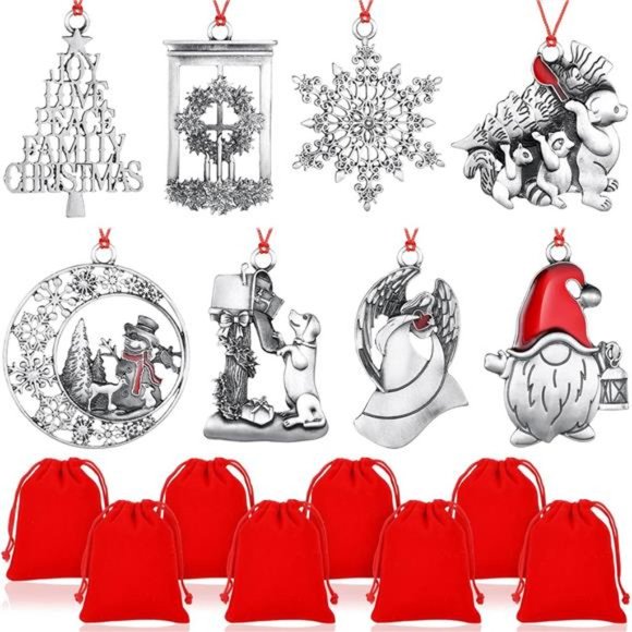 8 Pieces Solid Pewter Metal Christmas Tree Hanging Ornaments  with Red Bags - Picture 1 of 7